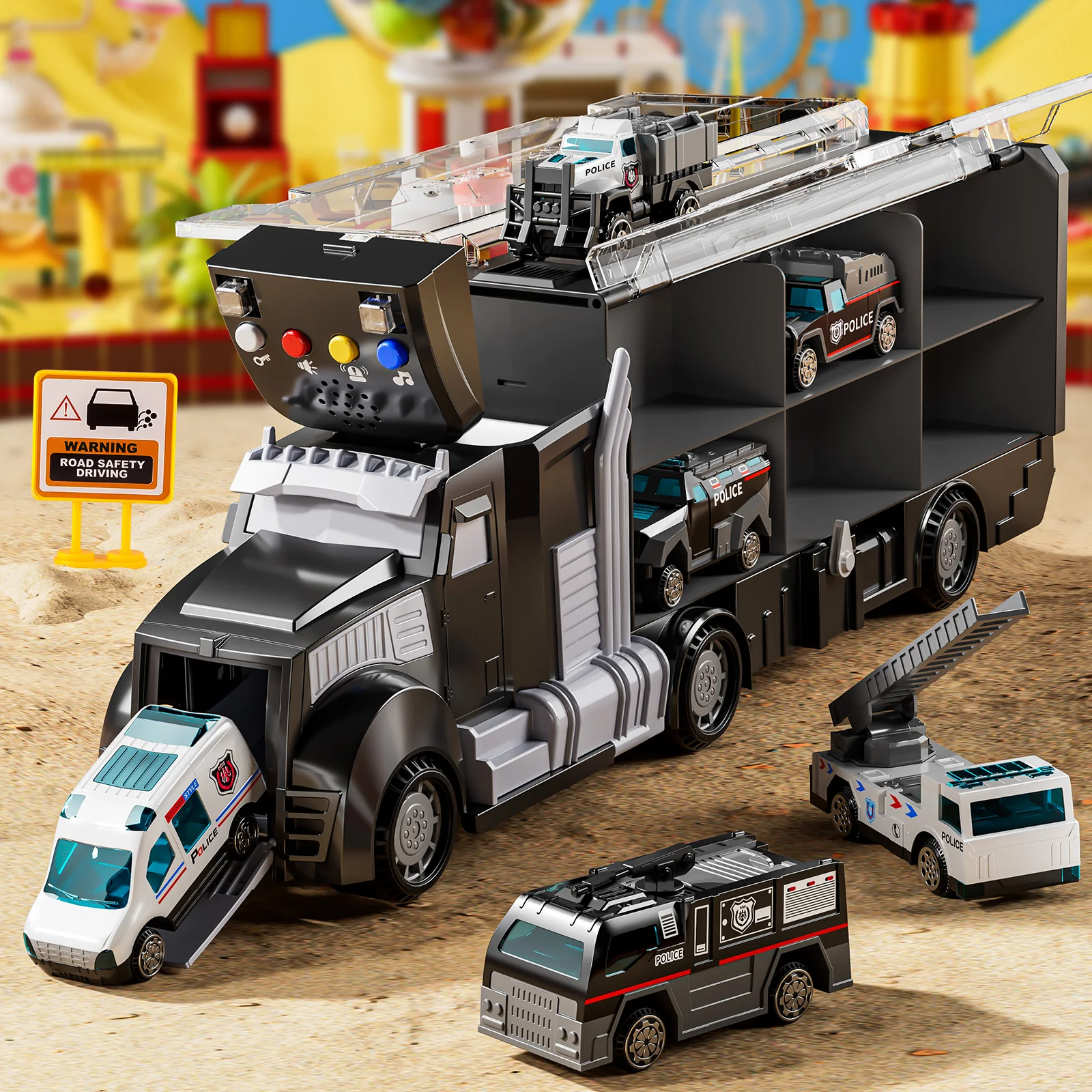 Black Container Transport Vehicle Toy with Toy Car Set, Container Truck with Sound System and Lighting, Children's Transport Set, Engineering Toy, Birthday Gift Children's Simulated Container Transport Vehicle Set