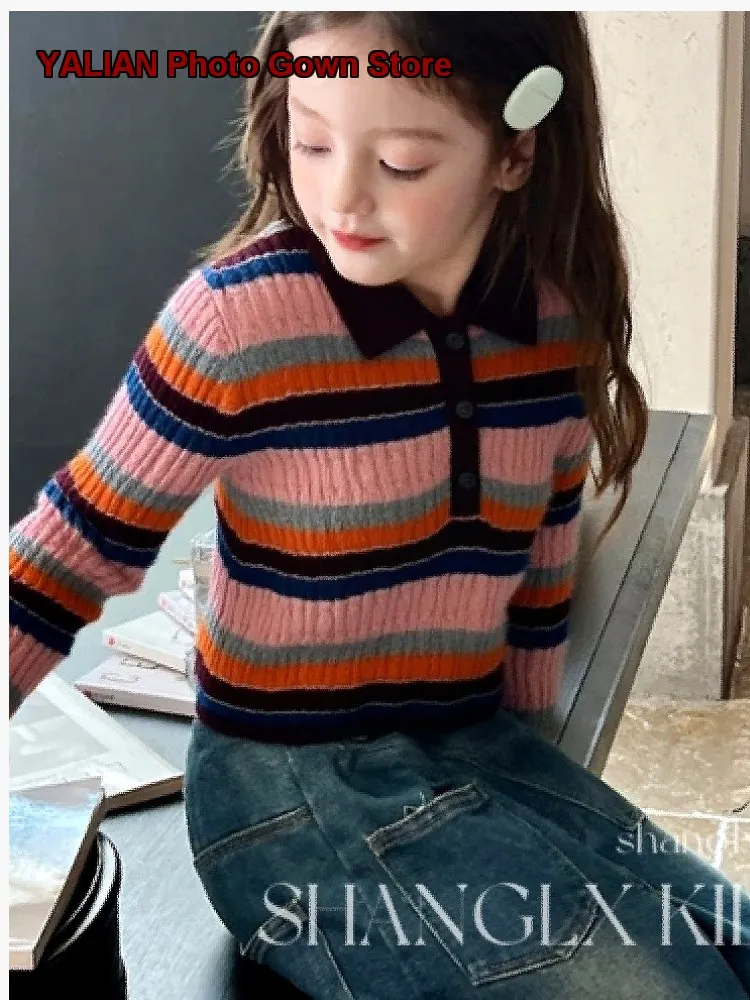 Girls Polo Collar Knit Top Kids Autumn Rainbow Striped Geometric Pattern Fashionable