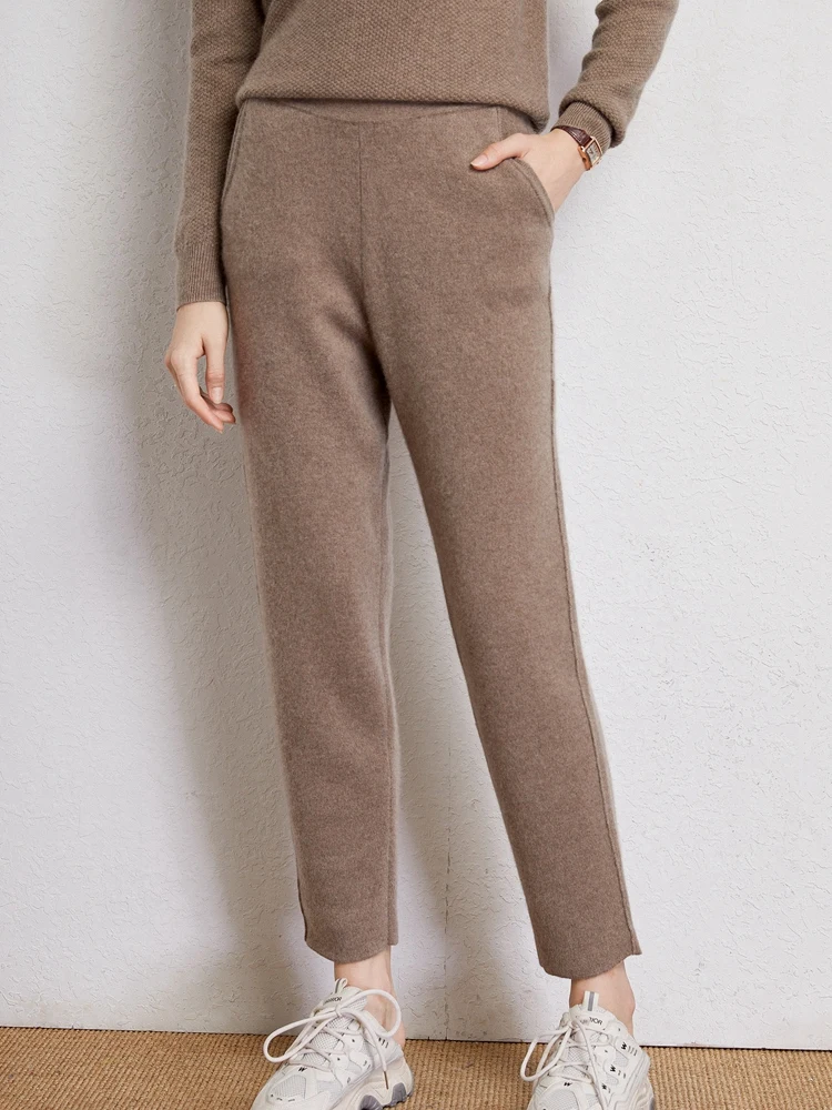 Autumn Winter Women's 100% Goat Cashmere Pants Office Lady Pencil Pants Simple Style Knittd Trousers Elasticated Waist Pants