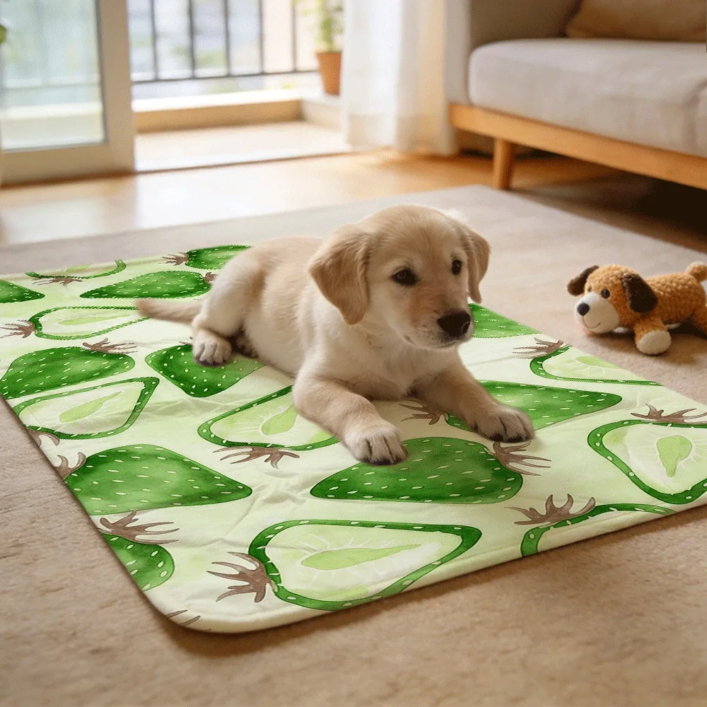 Green Watercolor Strawberry Reusable Absorbent Pet Mats for Dog Crates and Kennels