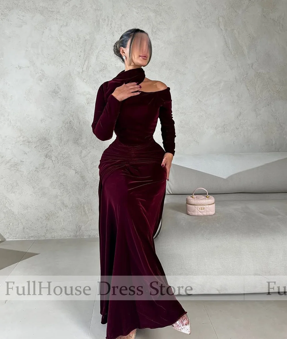 مناسبة مخصصة خمر الرقبة العالية كم طويل المخملية غمد مثير ثوب مسائي مطوي الطابق طول فستان عربي سعودي مع المحكمة