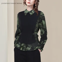 Fashion Long Sleeve Turn-down Collar Women' Shirt Floral Printed Spliced With Vest Spring Summer Satin Tops