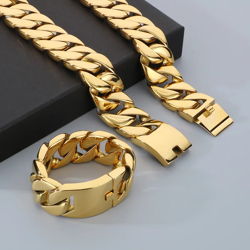 Large 32mm Huge Heavyweight Jewelry Set Stainless Steel Maimi Cuban Curb Link Chain Bracelet Necklace For Mens 9.44''+ 26''