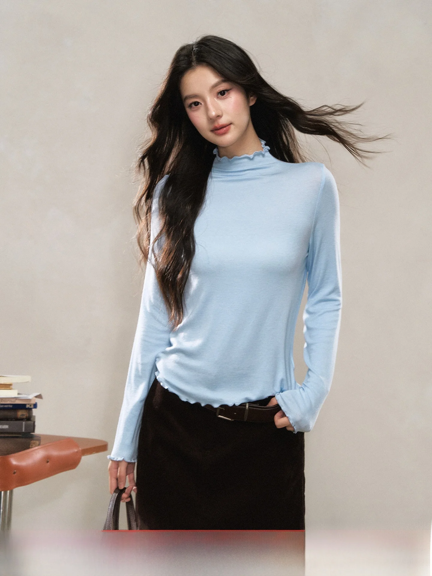 Slim Fit Long Sve T-irt Women's Faionable Creative Pattern Design Berry Wave Design Korean Sle round Ne Top