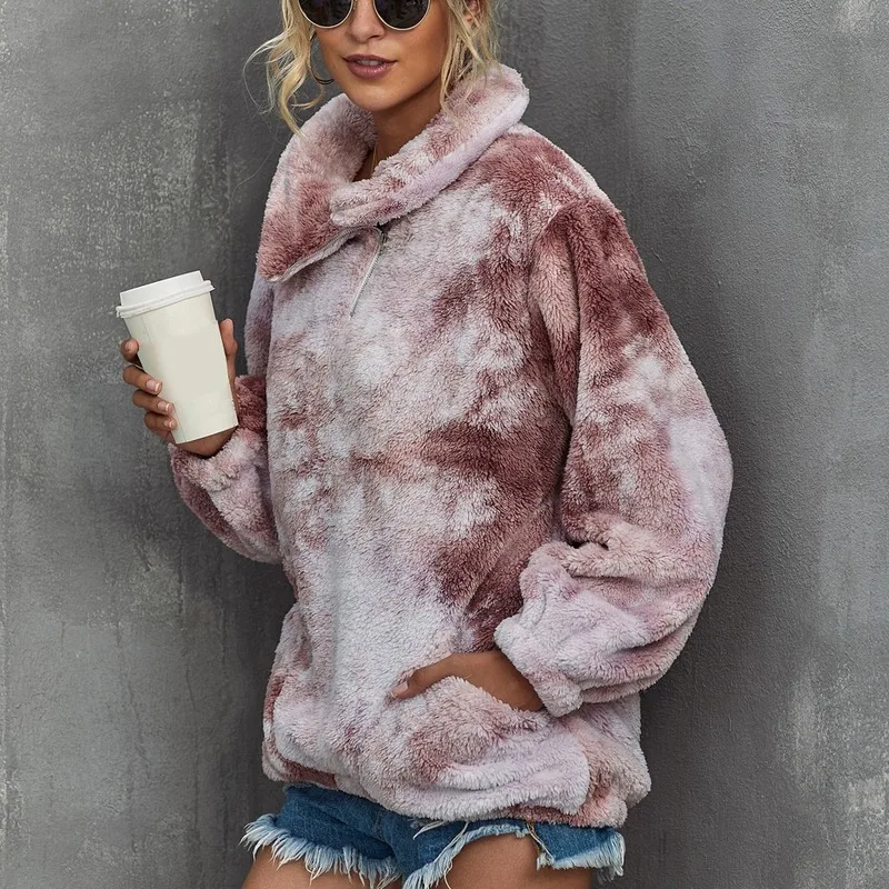 Ladies Autumn and Winter Long-sleeved Fashion Coat Plush Pocket Long Coat Women Pocket Casual Tie Dye Hooded Pullover Sweatshirt