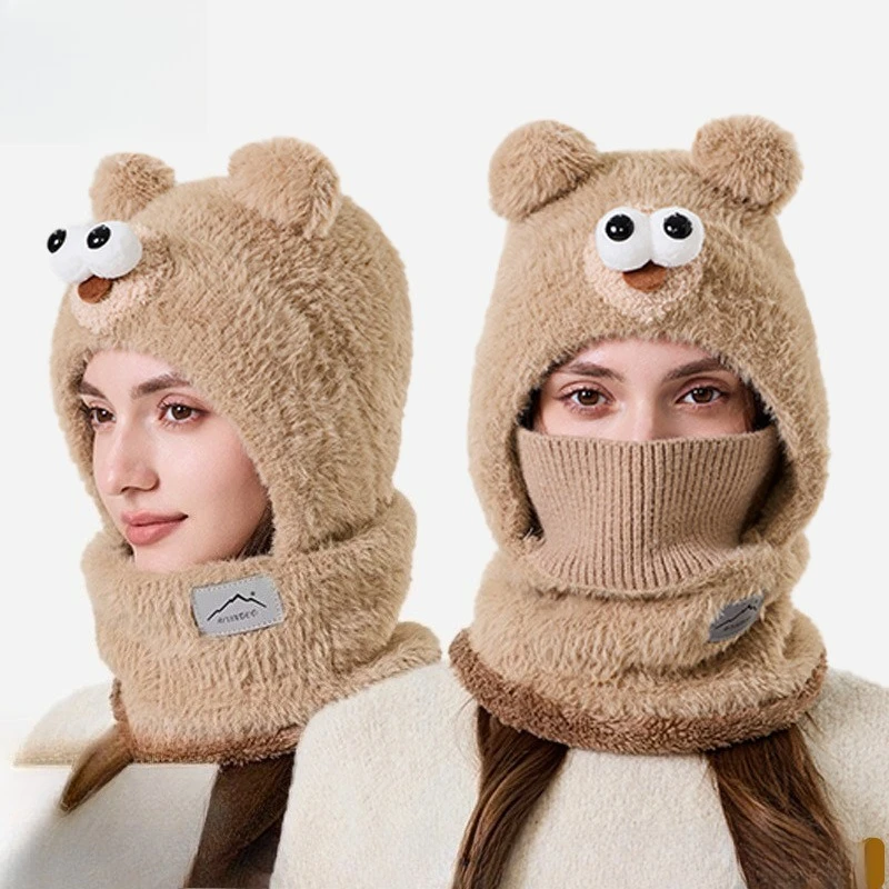 Winter New Cute Bear Fashion Ear Hat Scarf Integrated Warm Pullover Hat Women's Versatile Windproof and Cold Plush Hat