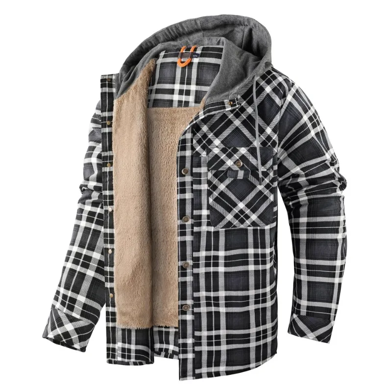 

100% Cotton Classic Plaid Men's Hooded Jacket Fleece Lined Casual Long Sleeve Sherpa Lined Shirt Coat For Autumn Winter