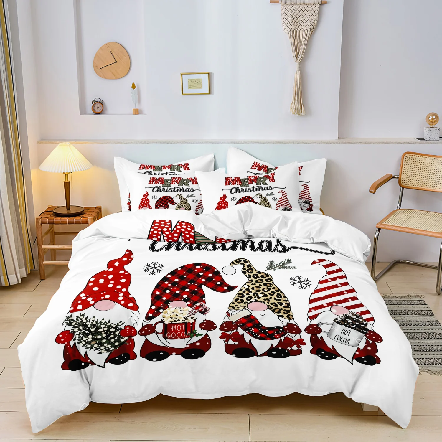  3Pcs Merry Christmas Gnome Duvet Cover Set, Plaid Leopard Gnome, Hot Cocoa Cup and Snowflake Pattern Bedding
