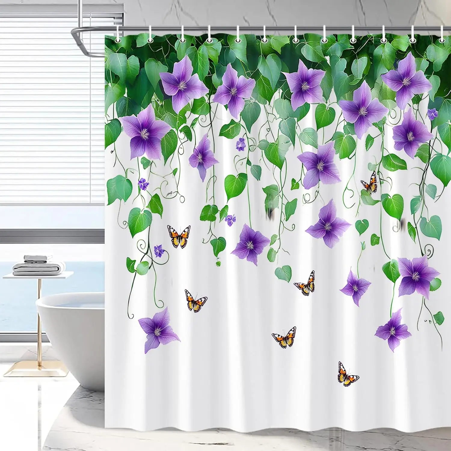 Purple Floral Shower Curtain Green Leaves Vines Butterfly Rustic Farmhouse Flower Plants Spring Nature Bathroom Decor Polyester