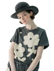imakokoni 2026 summer new round neck short sleeve flower gray cotton T-shirt women thin 234141