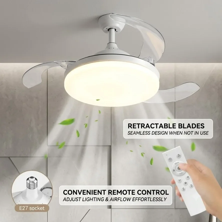 Silent Ceiling Fan Light E27 E14 B22 GU10 Base Remote Controlled Dimmable 3 Color LED Ceiling Fanlight for Living Room Bedroom