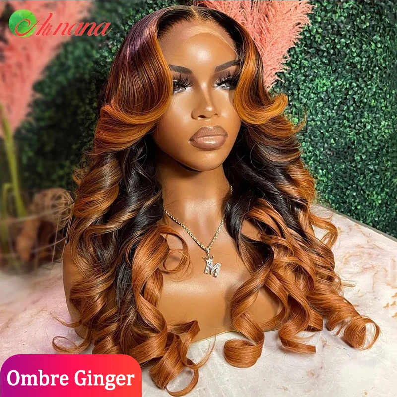 Ombre Ginger Brown Colored 13x6 HD Transparent Lace Frontal Wig Wave Pre-Plucked 12A Grade Lace Closure Human Hair Wig For Women