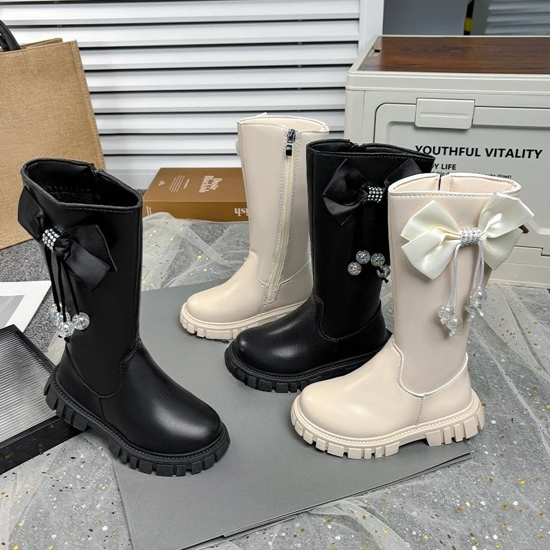 Fashion Girls Plush Boots Winter Sweet Bowknot Princess Catwalk Kids Long Boots Causal Warm Furry Children's Plush Boots Zipper