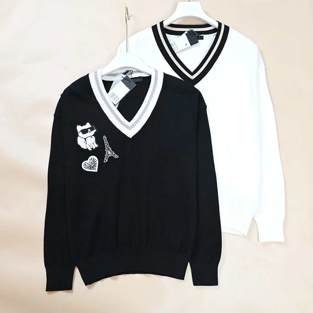 

Slim Fit Long Sve Knitted Sweater Embroidered Cotton Tead Collar Color Blo V Ne Spring Autumn New Sle Women's Faion