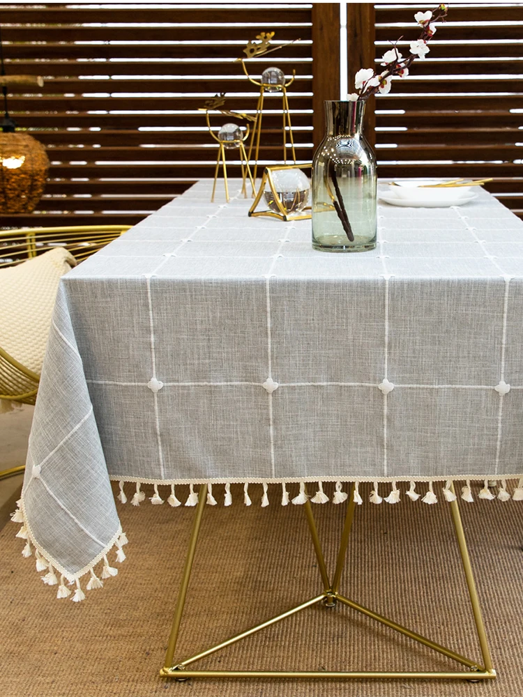 Three-dimensional Jacquard Checkered Lace Tablecloth,Cotton Linen Tassels Dust-Proof Table Cover,For Dinning Party Wedding Decor