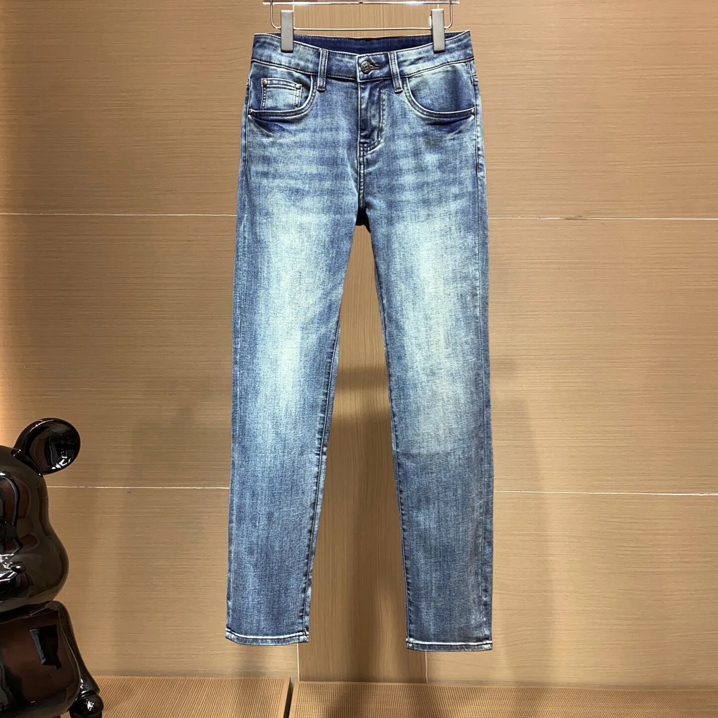 

Spring Summer Men's Slim Fit Straight Leg Jeans Versatile Waed Blue Faion Urban Sle mid Waist Dstring No Brand