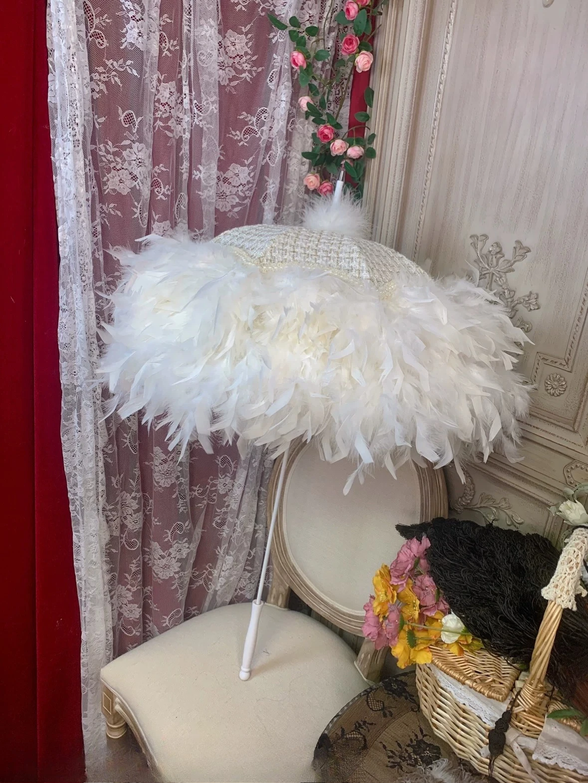 French Xiaoxiangfeng goose fluff long handle imitation antique small ocean umbrella wedding photography