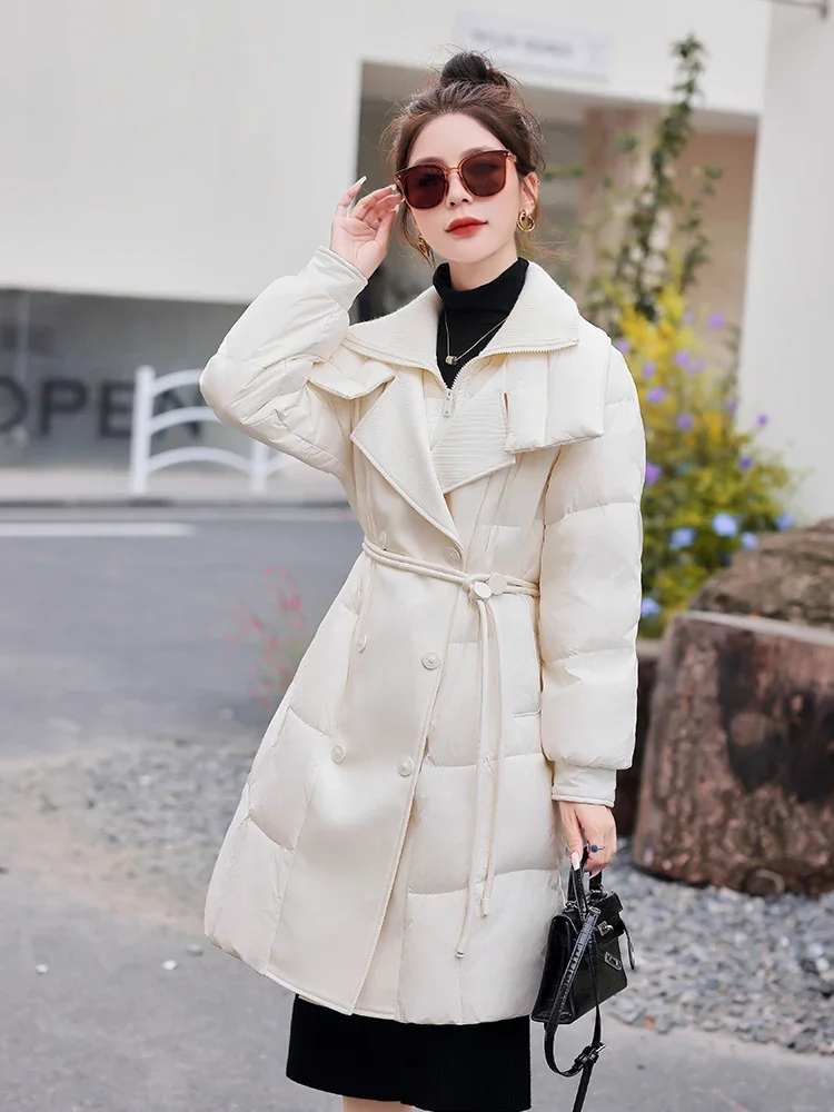 2024 Winter European Women Down Coat Thickened Loose Mid Length 90% White Duck Down Parkas Suit Collar Fashion Women Down Coat