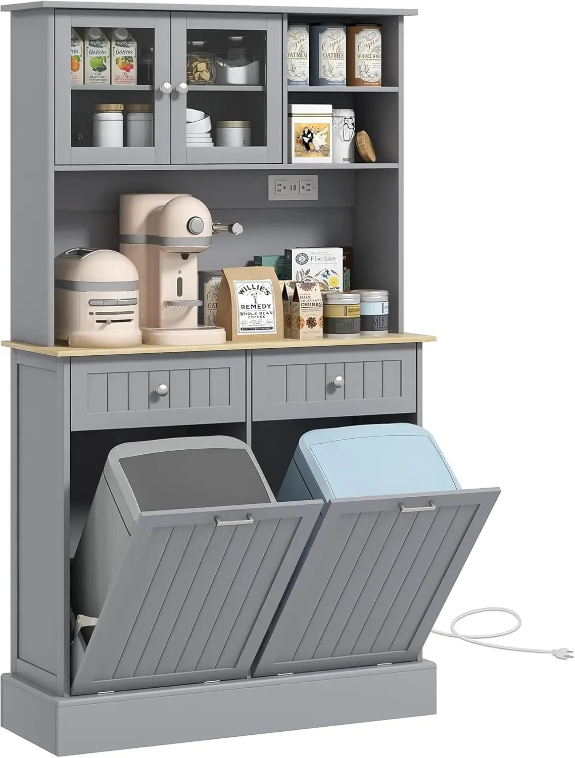 2 Tilt Out Trash Cabinets and Microwave Stand, Freestanding Kitchen Hutch with Glass Doors and Adjustable Shelf, Gray