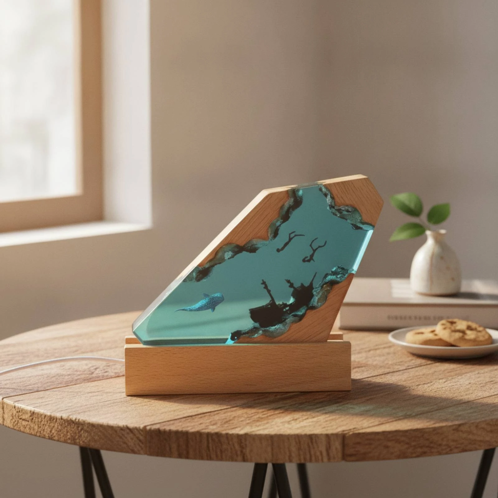 Resin Night Light with Wood Base Deep Sea Resin Wood Night Light Translucent Compact for Bedside Table, Desk view 3