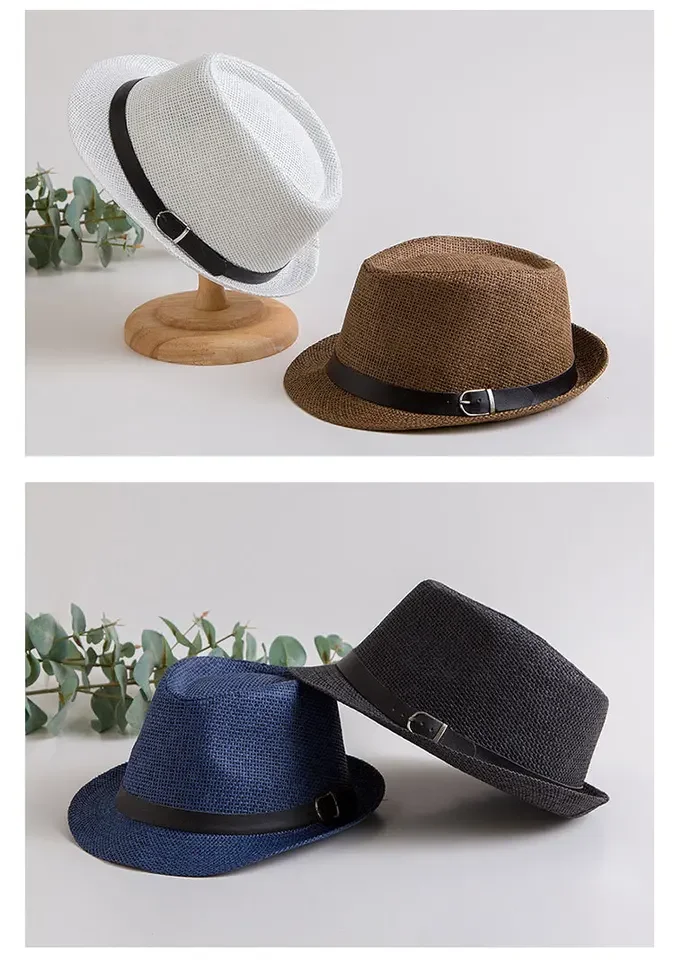 

Straw Hat Summer Paper Braided Belt Fedora Cap for Men Women Kids Parent-Child English Style Rolled Brim Jazz Hat