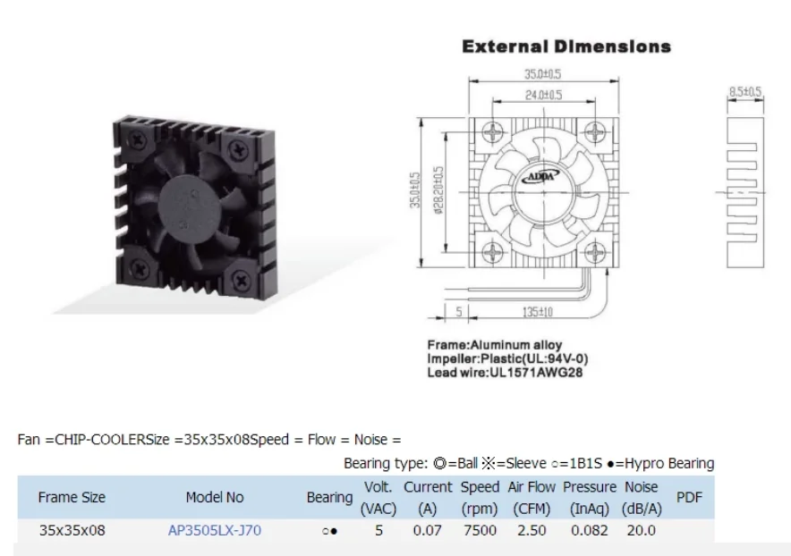 Ultra‑Thin Cooling Fan AP3505LX‑J70,AP3505MX‑J70,3508 3.5CM Heatsink For ADDA