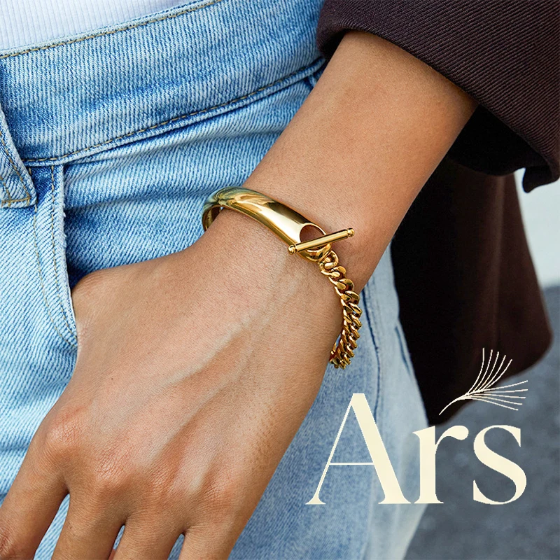 Ars Pulsera de palanca de acero inoxidable para mujer, pulseras gruesas con hebilla OT chapada en oro de 18 quilates, pulseras llamativas para niñas
