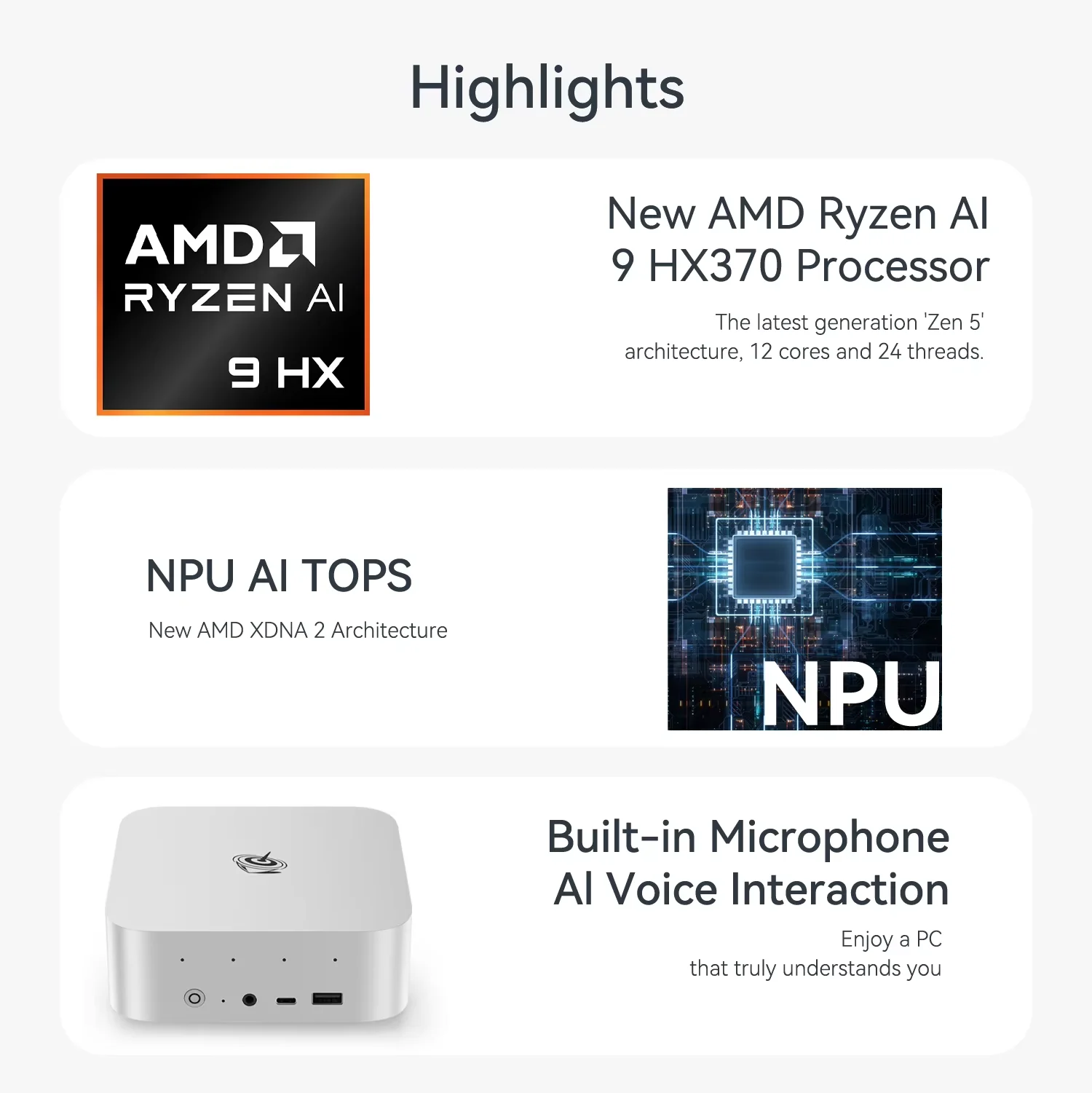 Beelink SER9 MINI PC AMD Ryzen AI 9 HX370 AI PC 32G LPDDR5X 7500MHz Dual M.2 PCIe 4.0 1TB Mini Computer 4K HDMI Type C MINI Host