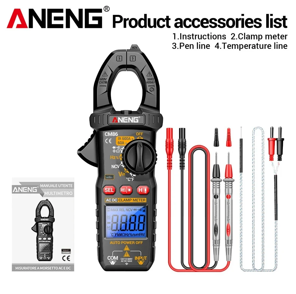 

Цифровой мультиметр-клещи ANENG CM86 AC/DC 600A для измерения тока и напряжения, с функцией диодного тестера и обнаружения напряжения NCV, профессиональный инструмент для электриков