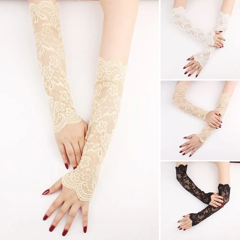 Guantes largos de encaje sin dedos para verano, manguitos de protección solar, malla de encaje, finos, manoplas para dedos, 1 par