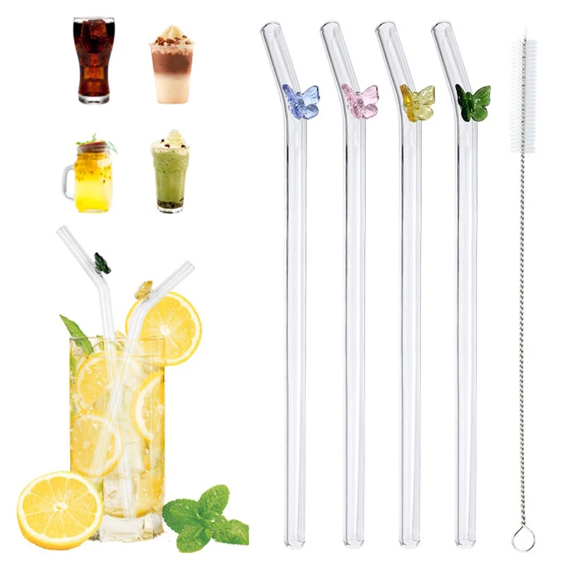 

Butterfly Glass Straws Set Reusable Bar Tools for Smoothies Cocktails Tea Coffee Juicy Drinking Eco Friendly Drinkware