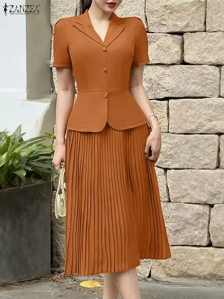 ZANZEA Элегантные шикарные женские комплекты из двух предметов с юбкой, топы с короткими рукавами и плиссированные юбки-миди трапециевидной формы, костюмы, офисные наряды