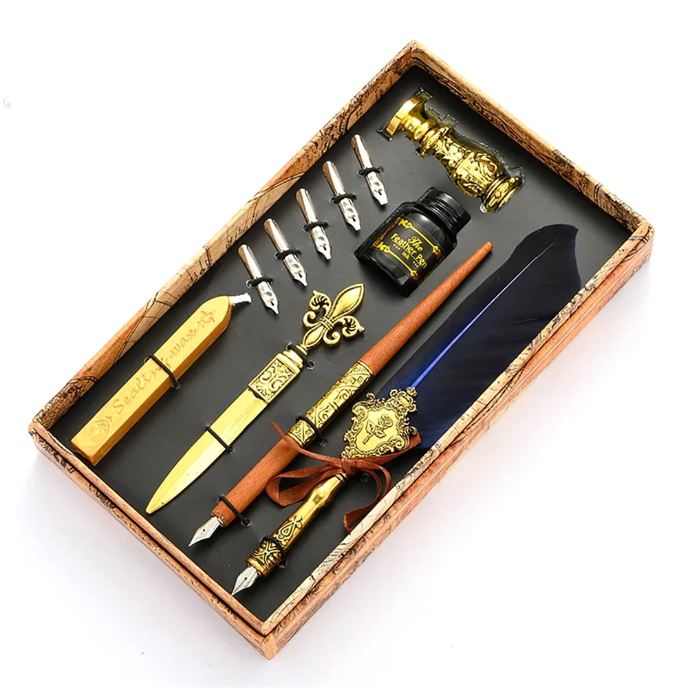 Creative Feather Pen Set with 5 Nibs Ink Bottle Stamp Luxury Fountain Pens Calligraphy Writing Dip Pen School Office Supplies