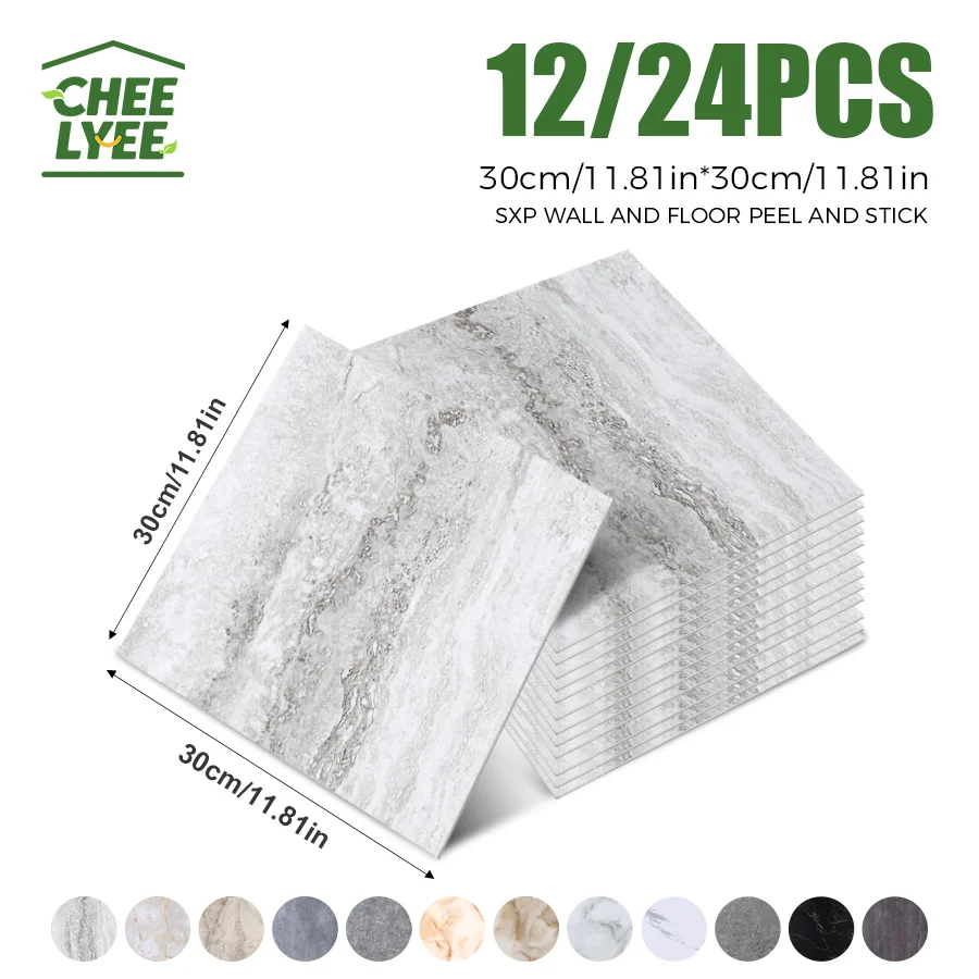 12/24 Pieces Self-Adhesive Sxp Wall and Floor Stickers, Marble Floor Stickers, Peel and Stick, with Aluminum Foil, Suitable for All Indoor Areas, 30Cm*30Cm*1.5Mm