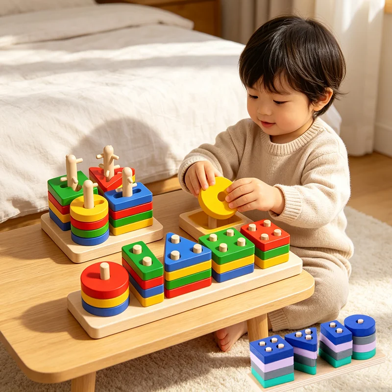 Brinquedos Montessori de Blocos de Madeira, Quebra-Cabeça de Formas Geométricas para Crianças, Brinquedos de Empilhamento de Blocos de Cores para Bebês