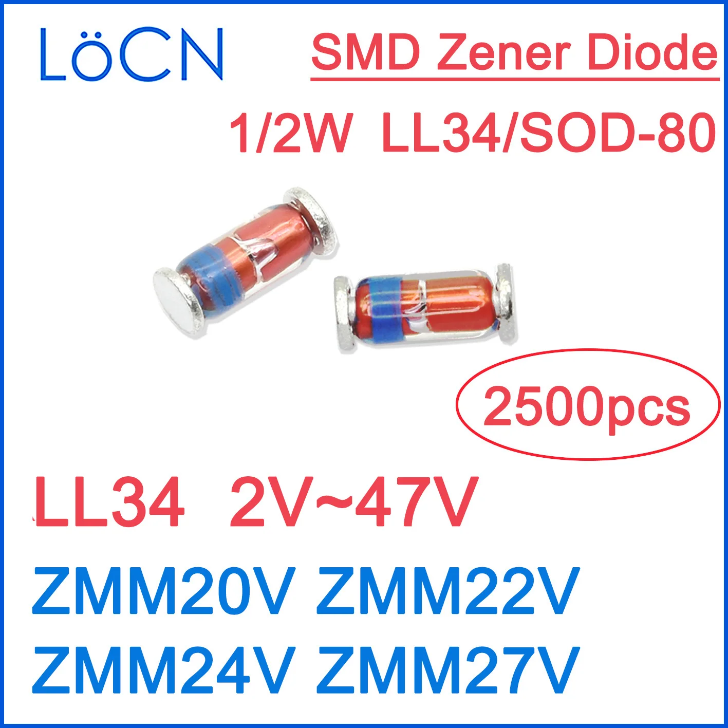 Ll34 20v 22v 24v 27v zmm20v zmm22v zmm24v zmm27v diodos zener smd sod-80 vidro 1/2w alta qualidade rohs 2500 peças