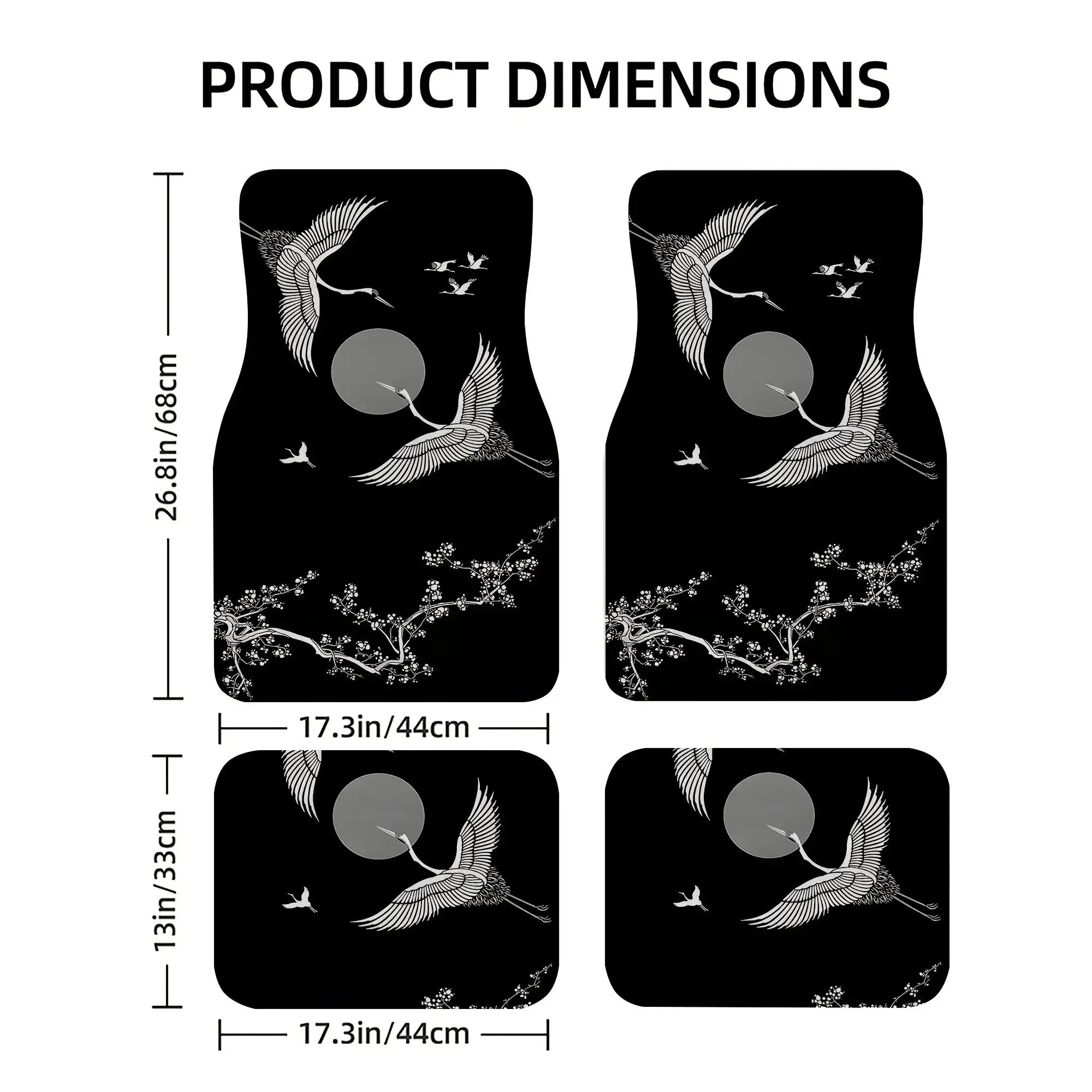 Complete Set Of Car Floor Mats Featuring A Crane And Plum Blossom Pattern, Black And White Silhouette Design, Suitable For All W