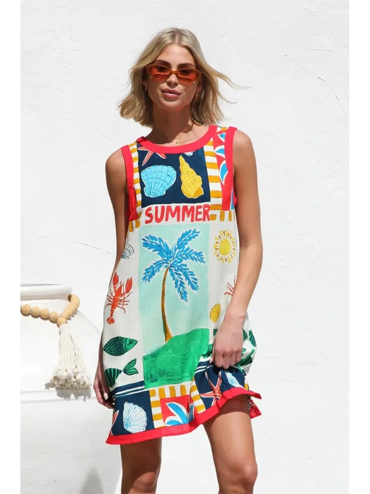 

New Fashion Printed Beach Vacation Dress Women Elegant O-neck Sleeveless Mini Dress Summer Casual Loose Party Dresses