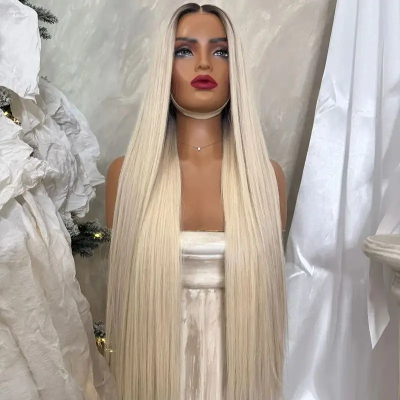 13x4 Ombre Light Golden Blonde Balayage Highlights HD Lace Front Wig with Roots 32 Inch Super Long Straight Wig Human Hair Like