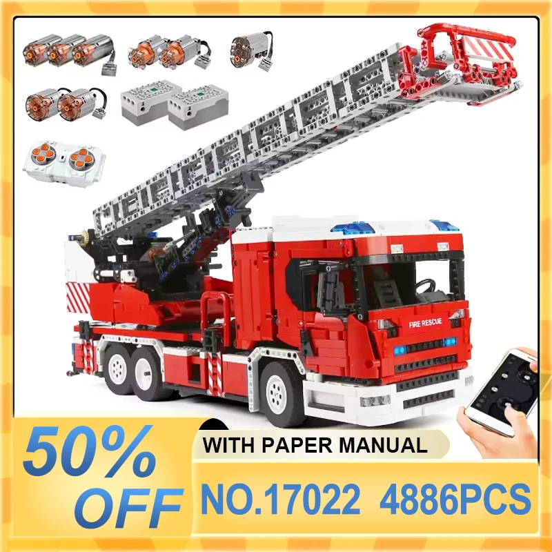 

MOLD KING 17022 MOC The APP RC Моторизованная пожарная лестница Грузовик Наборы Модель Строительные блоки Кирпичи Головоломка Игрушка Рождественский подарок для детей