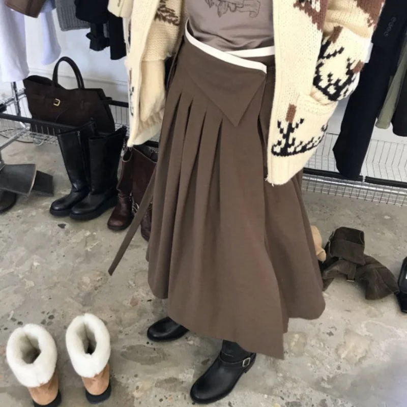 

Регулируемая плиссированная юбка с геометрическим узором и поясом, женская модная юбка в стиле Dongda Gate, средней длины, с высокой талией