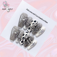 Handmade Press on Nails Y2k Pressons Butterfly Charm Black White Cow Reusable Adhesive False Nail Tips Cross Fake Acrylic Nails