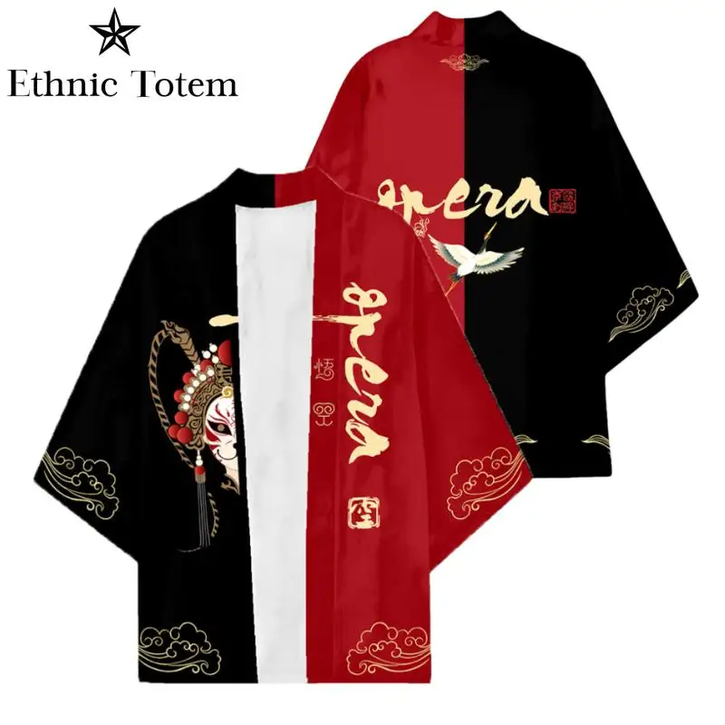 Peking Opera Theme Kimono for Men Asian Traditional Cardigan Japanese Haori Performance Costume 3/4 Sleeve Loose fit Clothing