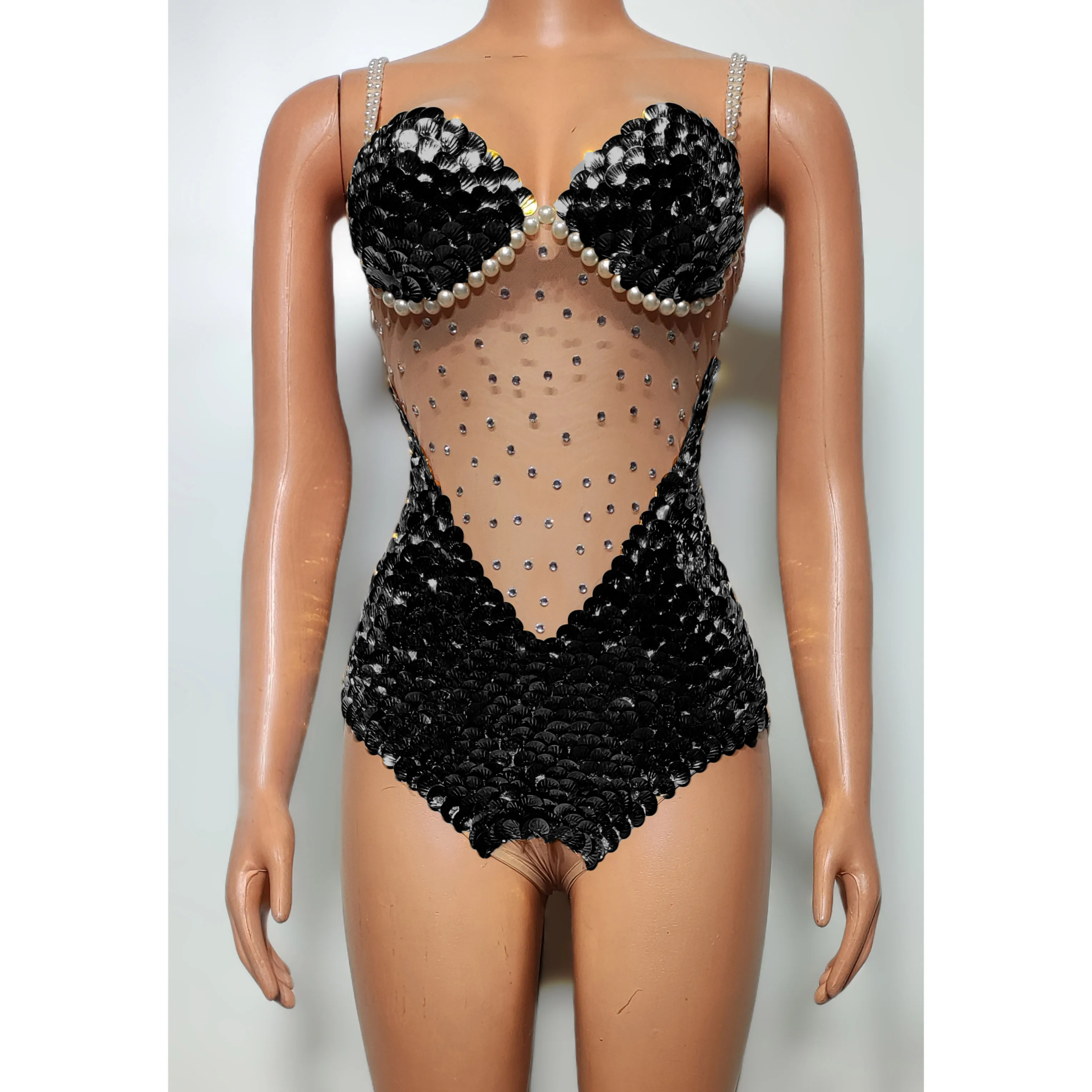 Scale Sequins Bodysuit Rhinestones Dance Leotard Women Sexy Stage Wear Gold Blue Sleeveless Cosplay Costume Nightclub Party Show