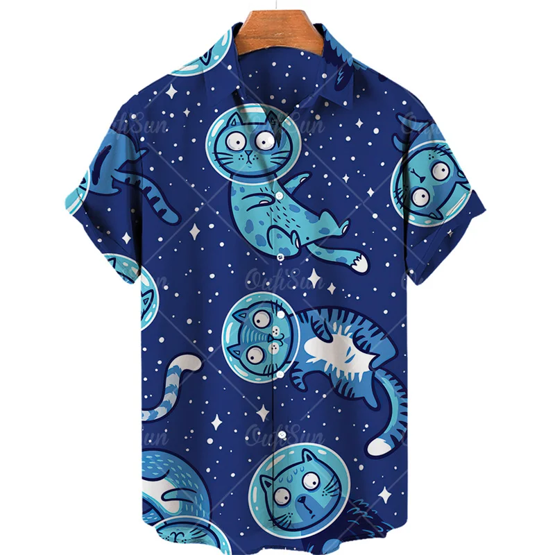 2023 Summer Cat Print Hawaiian Shirt Men\'s Beach Vacation Casual Tops Plus Size Loose And Simple Outdoor 3XL Button Shirts