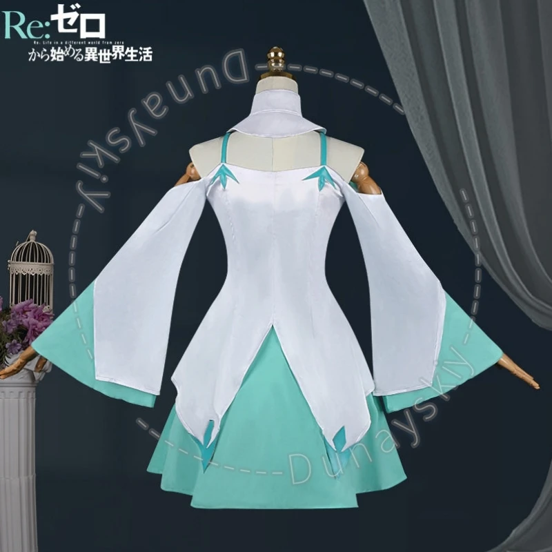 Anime Re:Life Emilia Green White Color Block Dress Cosplay Costume Wig Headgear Off-Shoulder Flare Sleeve Design High Collar Cos - view 4