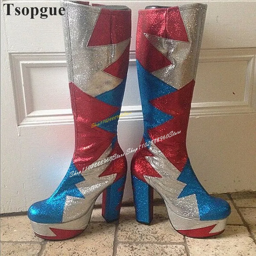 Mixed Knee High Glitter Platform Splicing Boots Chunky High Heel Women Shoes Side Zipper Round Toe Casual Trending Women Boots