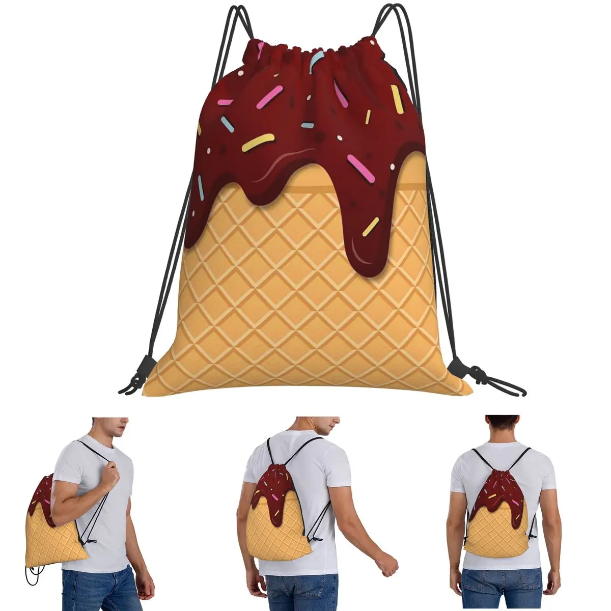 

Ice Cream Waffle With Chocolate Backpacks Fashion Drawstring Bundle Pocket Sports Bag Book Bags for Travel School