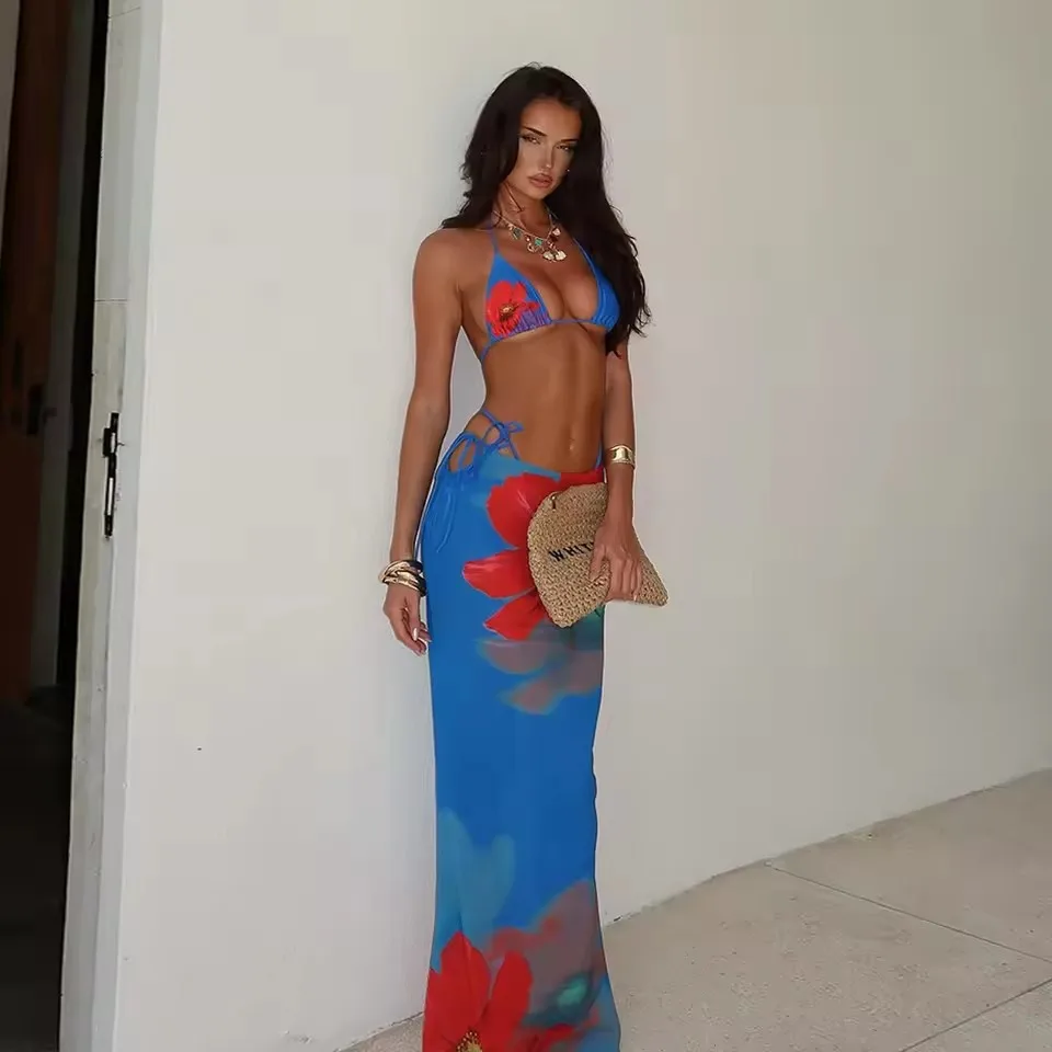 Blue Floral 3-Piece Bikini Set 2025 Sexy Women's Swimsuits Female Swimwear Bikinis Summer Bathing Suit Beachwear Swimming Suits