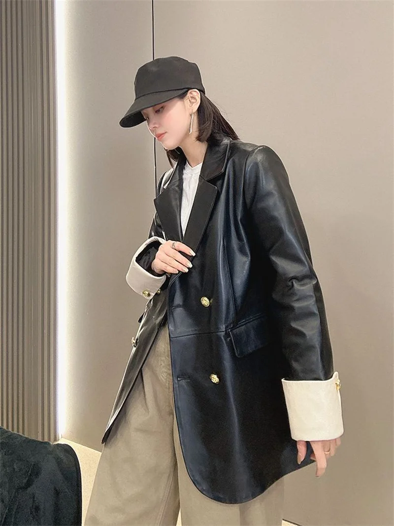 Retro preto jaqueta de couro do plutônio das mulheres outono versão coreana solto casual pequena fragrância estilo cor bloqueada terno para outerwear